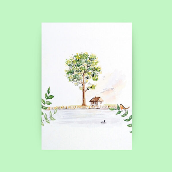 wenskaart landschap van een huisje aan het water geschilderd in aquarel